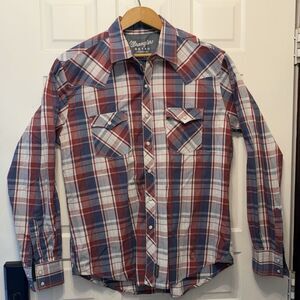 Wrangler Retro Western Plaid Pearl Snap Button Down Shirt Top Red Blue Size L